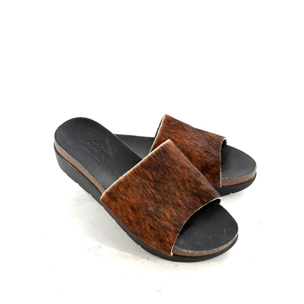 Agave Sky Calf Hair Slide Sandals 7.5 Black Brown Leather Western Boho Festival